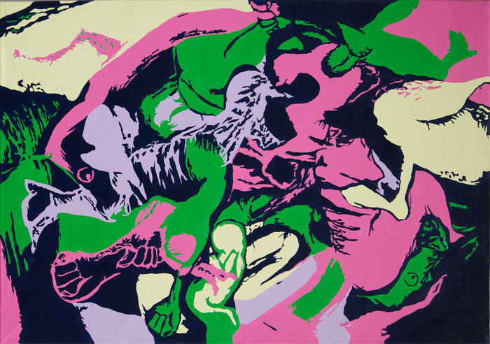 Los Cerdos. Composición I, 2012. Óleo sobre lienzo, 70 × 100 cm